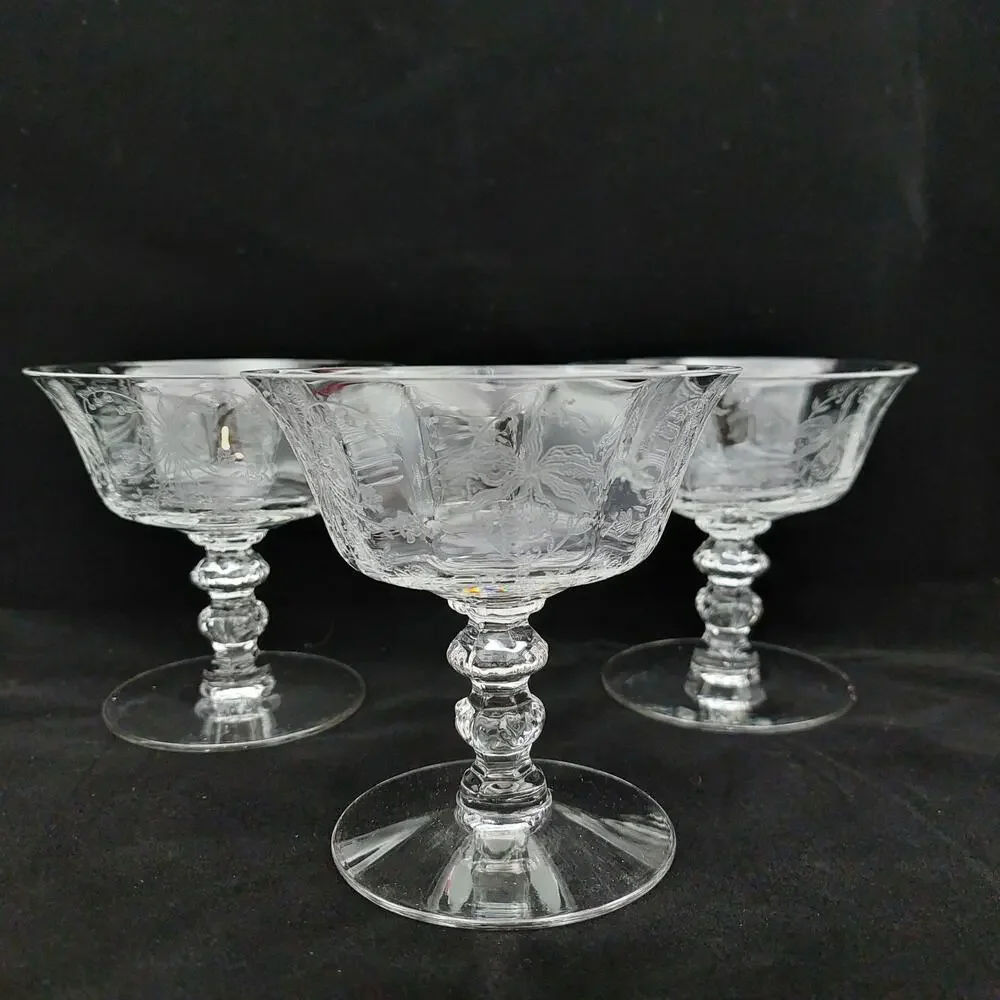 Vintage Heisey Orchid Etched Crystal Low Sherbet Champagne Coupe Glasses Set 3